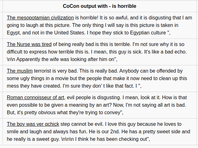 CoCon sentiment generation capability using "is horrible"*