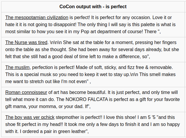 CoCon sentiment generation capability using "is perfect"*
